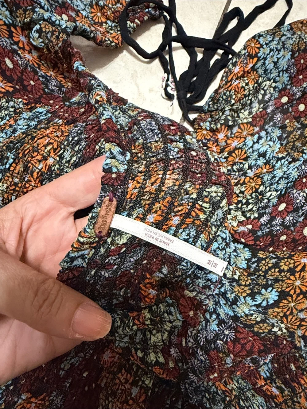 Free People Back On Top Smocked Puff Sleeve Cropped Blouse Black Floral Combo